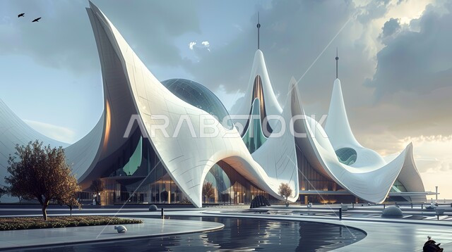 مبنى على الطراز العصري الحديث بجانب بحيرة اصطناعية، تصميم معماري خارجي متميز، الهندسة المعمارية المتقدمة، منظر السماء المليىة بالسحب والغيوم، الاهتمام بزراعة الاشجار والنباتات الخضراء