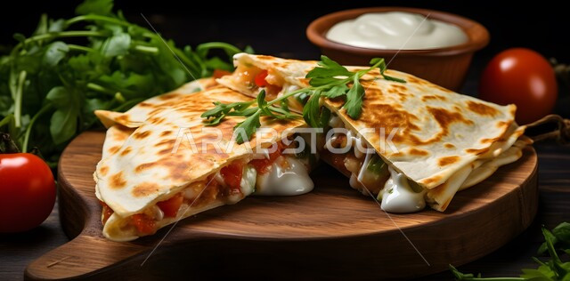 طبق خشبي من ساندويش كاساديا مع الدجاج والجبن الذائب، قطع من الساندويشات اللذيذة مع الخضار، وصفات و وجبات الطعام الشهية، فنون تقديم المأكولات في المطاعم والمطابخ العربية