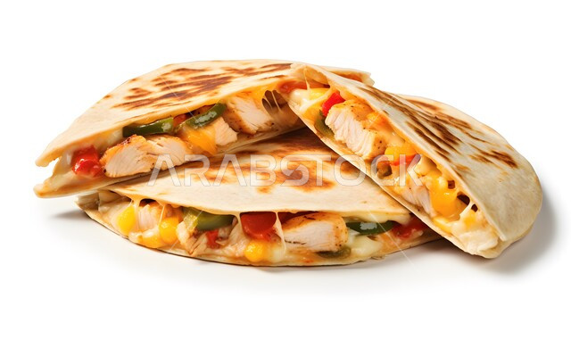 ساندويش كاساديا مع الدجاج والجبن الذائب، قطع من الساندويشات اللذيذة، وصفات و وجبات الطعام الشهية، فنون تقديم المأكولات في المطاعم والمطابخ العربية، خلفية بيضاء