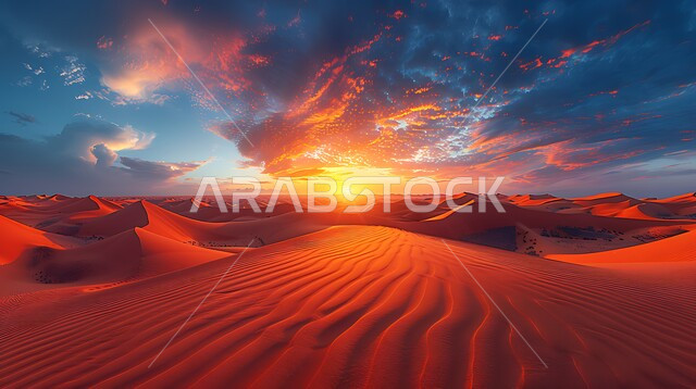 منظر السماء المليئة بالسحب والغيوم في وقت غروب الشمس، التلال والكثبان الرملية، الرمال الذهبية الناعمة، المناظر الطبيعية في الصحراء في المملكة العربية، المناطق الصحراوية في السعودية، المناخ الصحراوي الجاف والقاسي