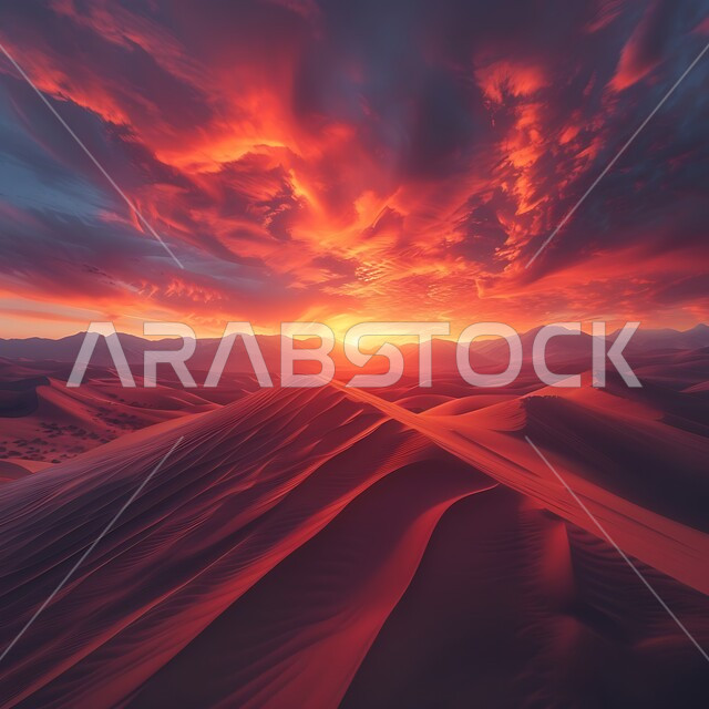 المناخ الجاف والقاسي في المناطق الصحراوية في السعودية، منظر السماء المليئة بالسحب والغيوم في وقت غروب الشمس، التلال والكثبان الرملية، الرمال الذهبية الناعمة، المناظر الطبيعية في الصحراء في المملكة العربية