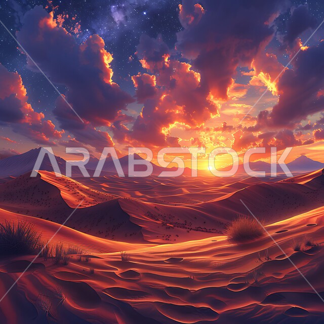 المناطق الصحراوية في السعودية، المناخ الصحراوي الجاف والقاسي، منظر السماء المليئة بالسحب والغيوم في وقت غروب الشمس، التلال والكثبان الرملية، الرمال الذهبية الناعمة، المناظر الطبيعية في الصحراء في المملكة العربية