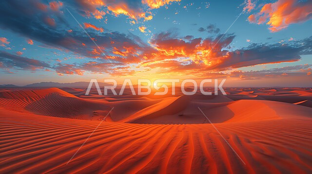 منظر السماء المليئة بالسحب والغيوم في وقت غروب الشمس، التلال والكثبان الرملية، الرمال الذهبية الناعمة، المناظر الطبيعية في الصحراء في المملكة العربية، المناطق الصحراوية في السعودية، المناخ الصحراوي الجاف والقاسي