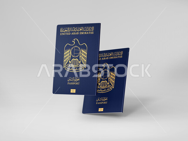 جواز السفر الاماراتي للعبور عبر حدود الدولة، تأشيرتي دخول وخروج دوليتان، باسبور الامارات العربية المتحدة باللون الازرق، وثيقة سفر رسمية، خلفية بيضاء
