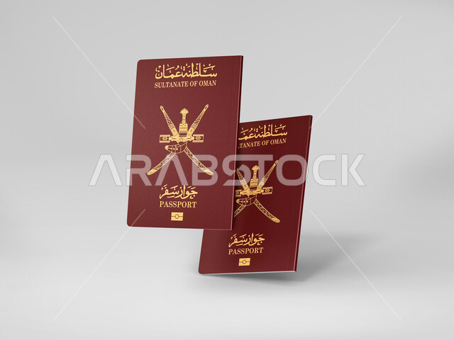 جواز السفر للعبور عبر حدود الدولة، تأشيرتي دخول وخروج دوليتان، باسبور سلطنة عمان باللون الاحمر، وثيقة سفر رسمية، خلفية بيضاء