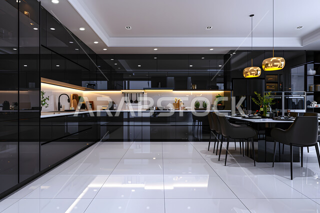Using lanterns to light and decorate kitchens, modern kitchen designs in apartments and villas in the Kingdom of Saudi Arabia, modern classic-style interior decor for an elegant kitchen, dining table surrounded by black chairs