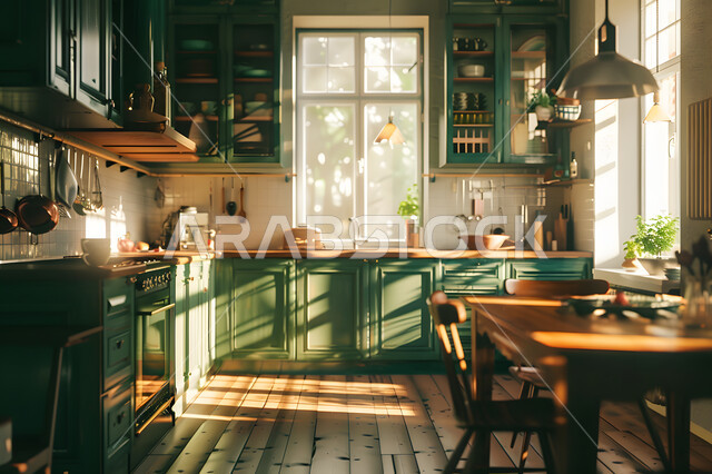 انعكاس اشعة الشمس عبر النوافذ الزجاجية، رفوف مليئة بالأواني المرتبة، تصميم داخلي هادئ باللون الأخضر لمطبخ كلاسيكي أنيق، طاولة طعام محاطة بكراسي خشبية