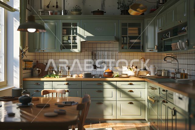 طاولة طعام محاطة بكراسي خشبية، انعكاس اشعة الشمس عبر النوافذ الزجاجية، رفوف مليئة بالأواني المرتبة، تصميم داخلي هادئ باللون الأخضر لمطبخ كلاسيكي أنيق