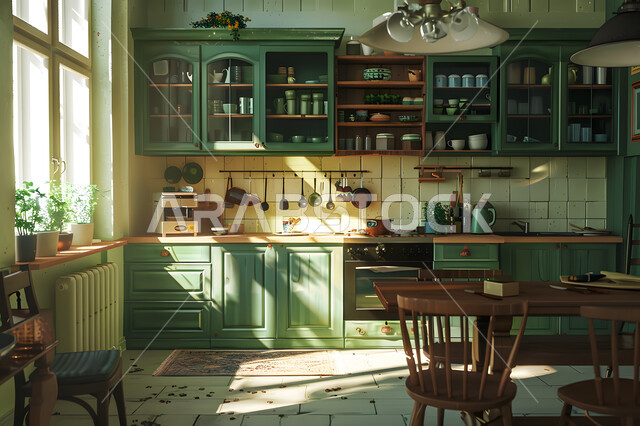Shelves full of arranged utensils, calm green interior design for an elegant classic kitchen, rays reflected through glass windows, dining table surrounded by wooden chairs