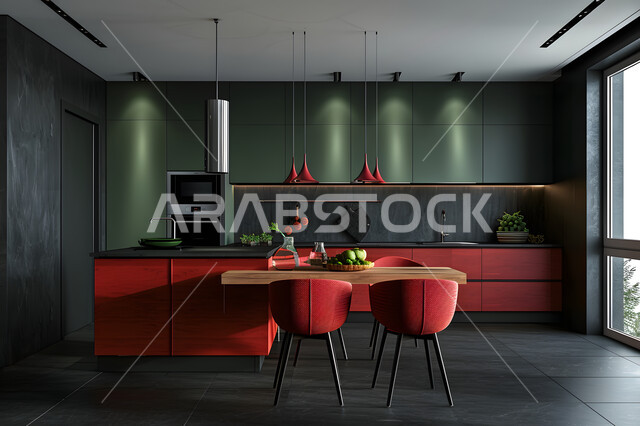 مطبخ بديكورات داخلية فاخرة، طاولة طعام خشبية محاطة بكراسي حمراء، التصاميم العصرية للماطبخ في الشقق والفلل سكنية فاخرة في المملكة العربية السعودية، أثاث منزلي راقي