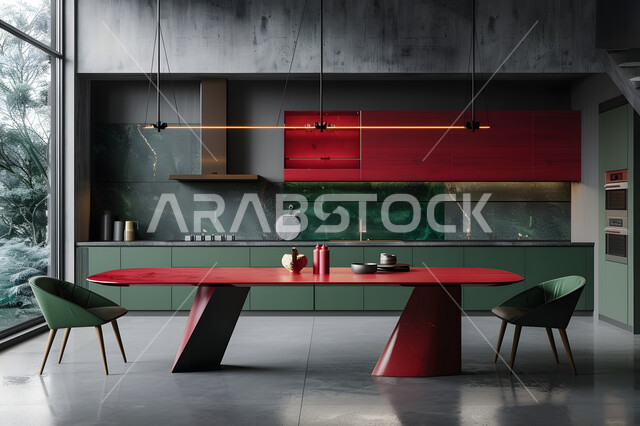 التصاميم العصرية للماطبخ في الشقق والفلل سكنية فاخرة في المملكة العربية السعودية، طاولة طعام حمراء محاطة بكراسي، مطبخ بديكورات داخلية فاخرة، أثاث منزلي راقي