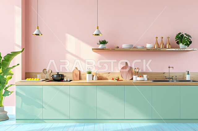 الأواني المنزلية المرتبة، مطبخ بديكورات داخلية عصرية فاخرة باللون الاخضر والوردي، التصاميم الهندسية الأنيقة للشقق والفلل سكنية فاخرة في المملكة العربية السعودية، أثاث منزلي راقي