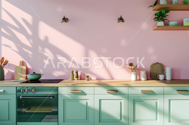 مطبخ بديكورات داخلية عصرية فاخرة باللون الاخضر والوردي، التصاميم الهندسية الأنيقة للشقق والفلل سكنية فاخرة في المملكة العربية السعودية، أثاث منزلي راقي، الأواني المنزلية المرتبة