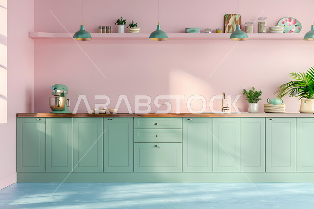 الأواني المنزلية المرتبة، مطبخ بديكورات داخلية عصرية فاخرة باللون الاخضر والوردي، التصاميم الهندسية الأنيقة للشقق والفلل سكنية فاخرة في المملكة العربية السعودية، أثاث منزلي راقي