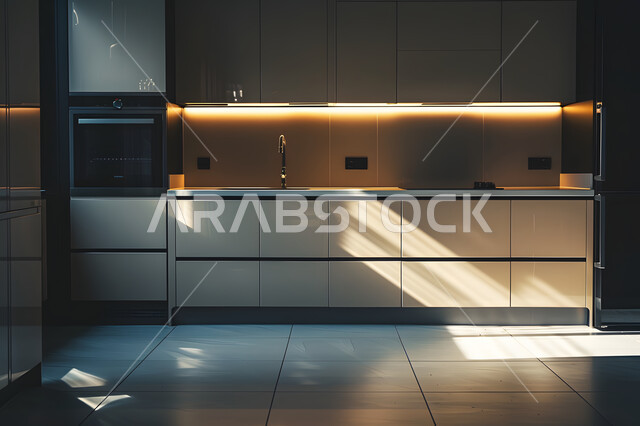 التصميم العصري للمطابخ الفاخرة في المملكة العربية السعودية، الأضواء والأنوار والأكسسوارات المنزلية، ديكور داخلي راقي لمطبخ أنيق، الفن الهندسي المعماري للفلل والشقق السكنية