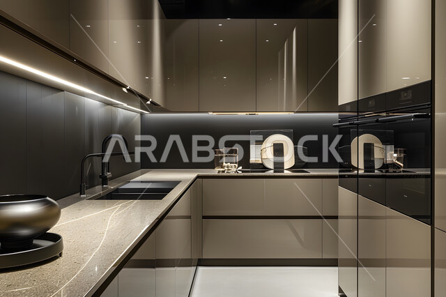 الفن الهندسي المعماري للفلل والشقق السكنية، ديكور داخلي راقي لمطبخ أنيق، التصميم العصري للمطابخ الفاخرة في المملكة العربية السعودية، التحف والأكسسوارات المنزلية