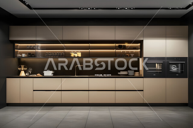 ديكور داخلي راقي لمطبخ أنيق، التصميم العصري للمطابخ الفاخرة في المملكة العربية السعودية، التحف والأكسسوارات المنزلية، الفن الهندسي المعماري للفلل والشقق السكنية