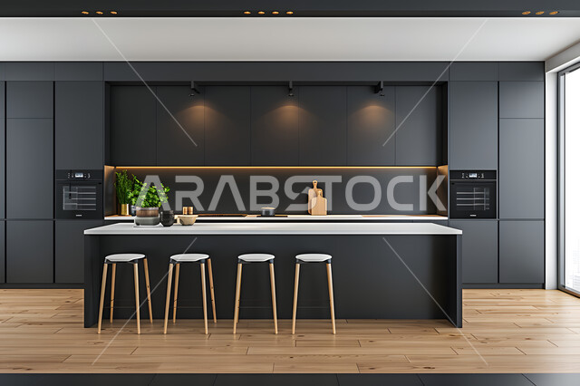 التصميم العصري للمطابخ الفاخرة في المملكة العربية السعودية، الأضواء والأنوار والأكسسوارات المنزلية، ديكور داخلي راقي لمطبخ أنيق، الفن الهندسي المعماري للفلل والشقق السكنية