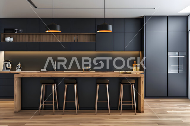 الأضواء والأنوار والأكسسوارات المنزلية، التصميم العصري للمطابخ الفاخرة في المملكة العربية السعودية، ديكور داخلي راقي لمطبخ أنيق، الفن الهندسي المعماري للفلل والشقق السكنية