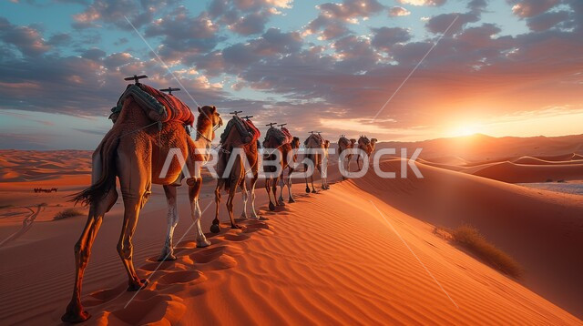استخدام الإبل في التنقل في صحارى المملكة العربية السعودية، مجموعة من الجمال تسير فوق الكثبان الرملية في الصحراء، المناظر غروب الشمس فوق الرمال الذهبية الناعمة، أماكن سياحية صحراوية، الإهتمام في تربية ورعاية الحيوانات