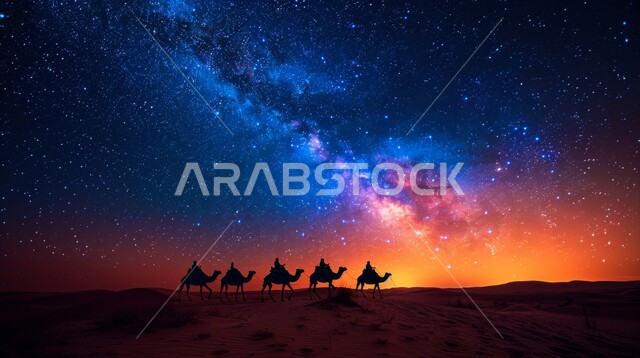 A scene of the Milky Way and the shining stars above the soft golden sand, using camels to move around in the deserts of the Kingdom of Saudi Arabia, a group of camels walking over the sand dunes in the desert, desert tourist places, interest in raising and caring for animals