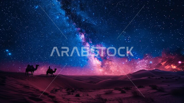 مجموعة من الجمال تسير فوق الكثبان الرملية في الصحراء، مشهد لمجرة درب التبانة والنجوم اللامعة فوق الرمال الذهبية الناعمة، استخدام الإبل في التنقل في صحارى المملكة العربية السعودية، أماكن سياحية صحراوية، الإهتمام في تربية ورعاية الحيوانات
