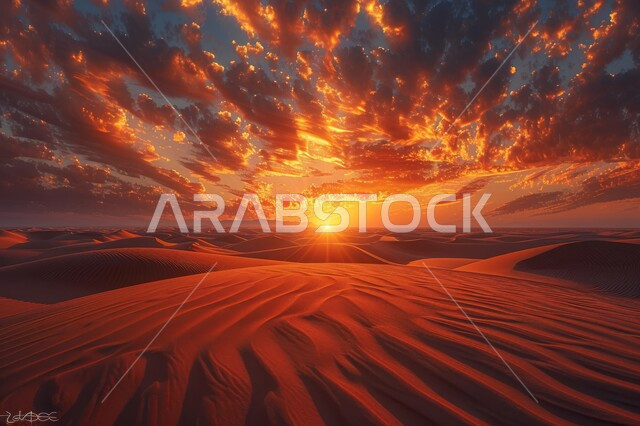 التلال والكثبان الرملية، الرمال الذهبية الناعمة، منظر السماء المليئة بالسحب والغيوم وقت غروب الشمس، المناخ الصحراوي الجاف والقاسي، المناطق الصحراوية في السعودية، المناظر الطبيعية في الصحراء في المملكة العربية