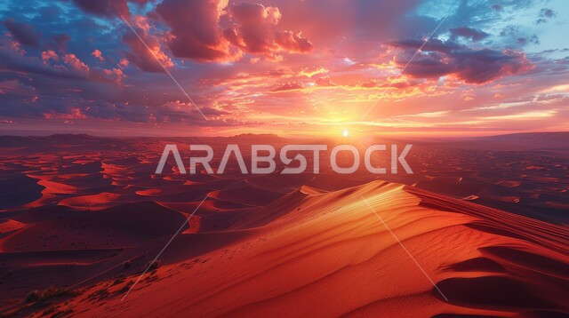 منظر السماء المليئة بالسحب والغيوم وقت غروب الشمس، المناخ الصحراوي الجاف والقاسي، المناطق الصحراوية في السعودية، التلال والكثبان الرملية، الرمال الذهبية الناعمة، المناظر الطبيعية في الصحراء في المملكة العربية