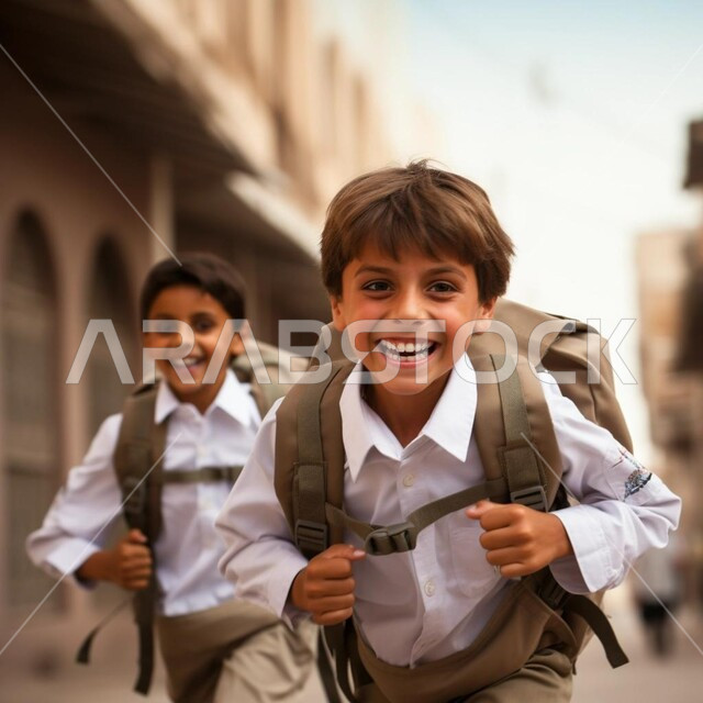 تعابير الحماس والسرور لعودة الى الفصل الدراسي ، استقبال العام الدراسي في المدارس السعودية، جودة التعليم والتعلم في المملكة، طالبان عربيان خليجيان سعوديان يحملان حقيبة الظهر المدرسية ويركضان في الممر