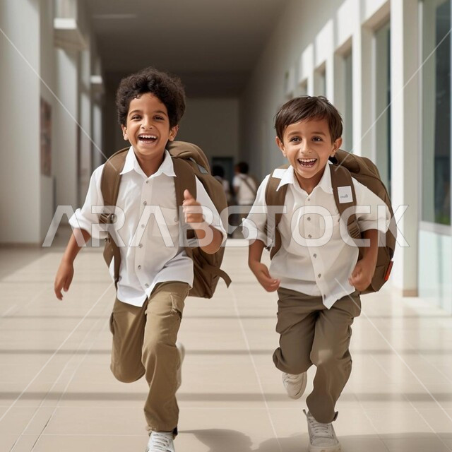 استقبال العام الدراسي في المدارس السعودية، جودة التعليم والتعلم في المملكة، ايماءات الحماس والسرور لعودة الى الفصل الدراسي ، طالبان عربيان خليجيان سعوديان يحملان حقيبة الظهر المدرسية ويركضان في الممر