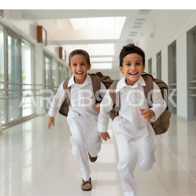 بداية العام الدراسي في المدارس السعودية، جودة التعليم والتعلم في المملكة، ايماءات الحماس والسرور لعودة الى الفصل الدراسي ، طالبان عربيان خليجيان سعوديان يحملان حقيبة الظهر المدرسية ويركضان في الممر