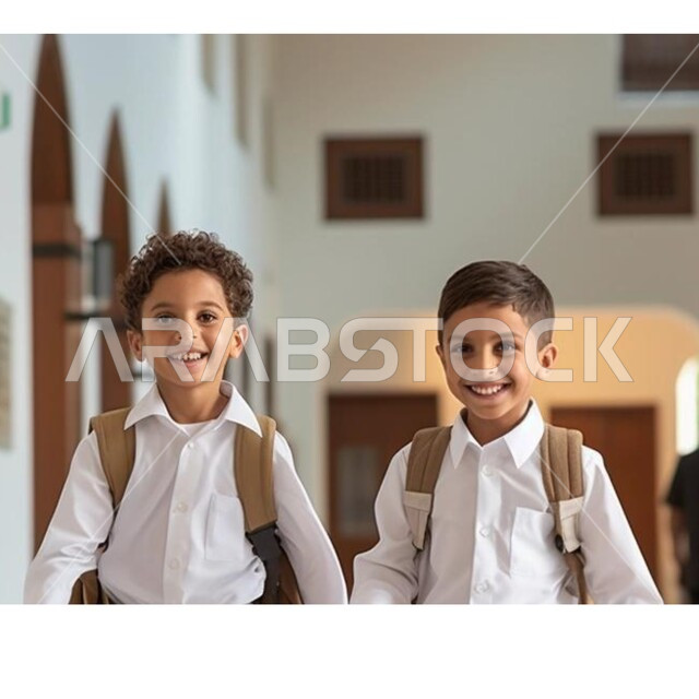 عودة الى الفصل الدراسي ، ايماءات الحماس والسرور، بداية العام الدراسي في المدارس السعودية، جودة التعليم والتعلم في المملكة، صورة مقربة لطالبان عربيان خليجيان سعوديان يحملان حقيبة الظهر المدرسية ويركضان في الممر