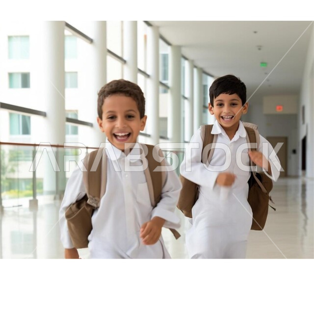 ايماءات الحماس والسرور لعودة الى الفصل الدراسي ، جودة التعليم والتعلم في المملكة، طالبان عربيان خليجيان سعوديان يحملان حقيبة الظهر المدرسية ويركضان في الممر، بداية العام الدراسي في المدارس السعودية