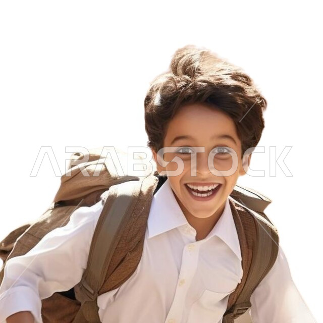 الاستعداد والتجهز للذهاب الى المدرسة، التعليم في المملكة العربية السعودية، استقبال العام الدراسي الجديد بحماس، بورتريه مقرب ولد عربي خليجي سعودي مبتسم يحمل حقيبة الظهر المدرسية وينظر الى الكاميرا بتعابير وايماءات الفرح والسرور، خلفية بيضاء