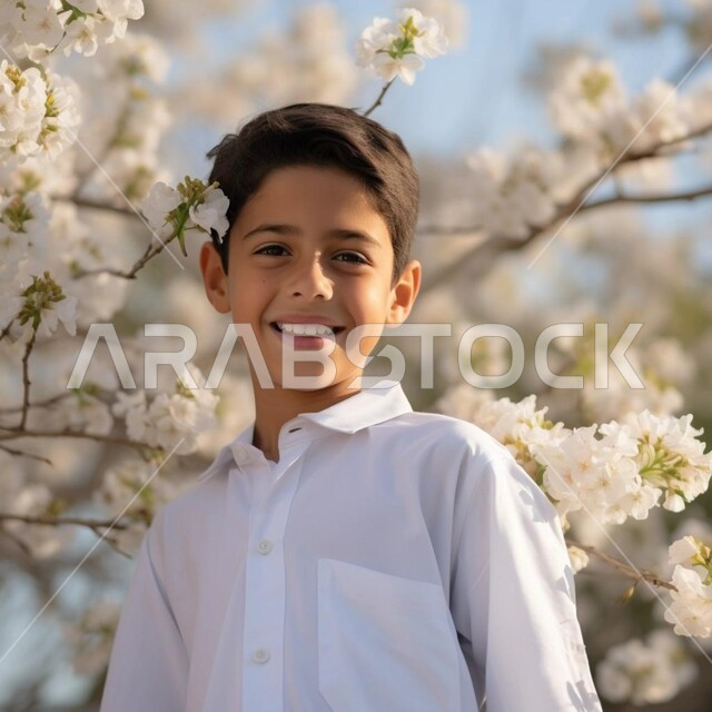 النظر الى الكاميرا بايماءات البشاشة والبراءة، مفهوم الاهتمام بالمظهر الخارجي للأولاد , صورة مقربة لولد عربي خليجي سعودي مبتسم يرتدي الثوب التقليدي الأبيض يقف في حديقة مليئة بأزهار الربيع ، خلفية طبيعة