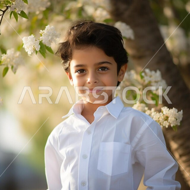 ايماءات البشاشة والبراءة، مفهوم الاهتمام بالمظهر الخارجي للأولاد , صورة مقربة لولد عربي خليجي سعودي مبتسم يرتدي الثوب التقليدي الأبيض يقف في حديقة مليئة بأزهار الربيع ، خلفية طبيعة