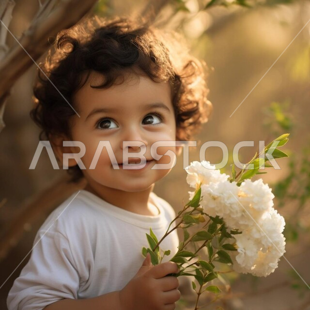 حديقة مليئة بأزهار الربيع، الاهتمام بالمظهر الخارجي للأولاد، صورة مقربة لطفل عربي خليجي سعودي مبتسم يرتدي الثوب التقليدي الأبيض يحمل بيده ورود بيضاء، خلفية طبيعة