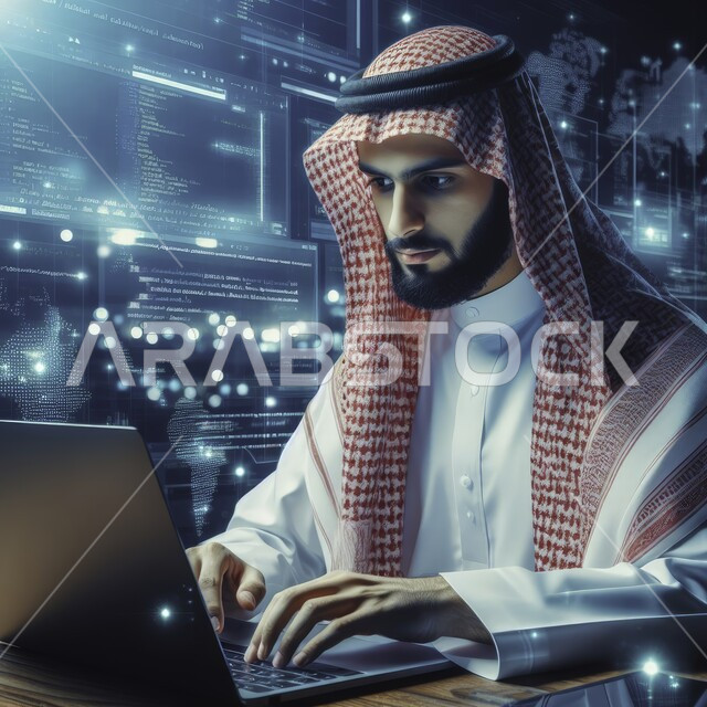 Data and information protection, the concept of technology and web development, a Saudi Gulf Arab man wearing a shemagh and traditional thobe, using a laptop computer with holographic electronic screens with programming codes, building websites and electronic applications, technical development and progress.