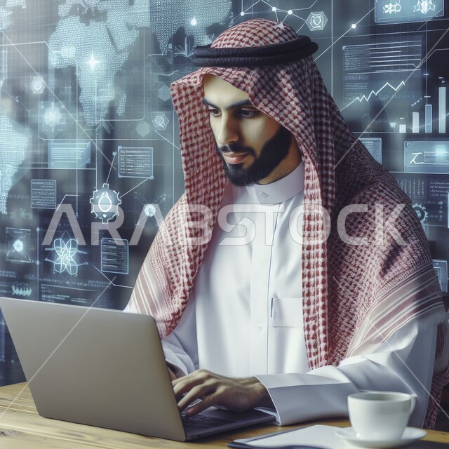حماية البيانات والمعلومات، مفهوم التكنولوجيا وتطوير الويب، رجل عربي خليجي سعودي يرتدي الشماغ والثوب التقليدي يستخدم جهاز الحاسوب المحمول مع شاشات الكترونية هولوجرامية بأكواد برمجية، بناء المواقع والتطبيقات الالكترونية، التطور والتقدم التقني