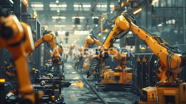 Future Saudi vision 2030, improving production using smart machines and equipment in electronic industries, development of technology and modern technology, using smart robots in factories, digital transformation and technical progress.