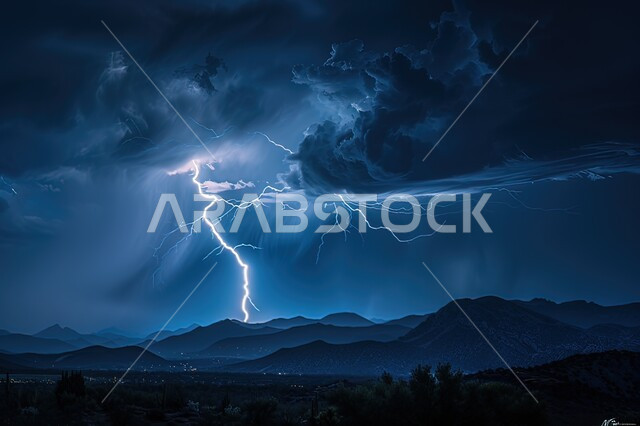 الظواهر و الكوارث الطبيعية، عاصفة رعدية تضرب المناطق الجبلية في الليل, منظر الرعد والبرق في سماء المملكة العربية السعودية، الاجواء الشتوية القاسية, خلفية الطبيعة