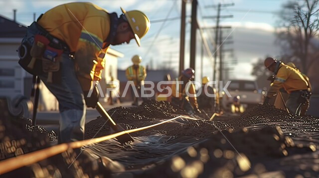 Engineering and construction concept, industrial engineering professions and jobs in Saudi Arabia, a group of Saudi Gulf Arab construction workers wearing helmets and protective vests digging a construction site, constructing buildings and installing large structures