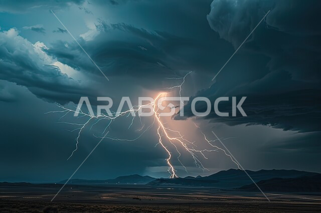 منظر الرعد والبرق في سماء المملكة العربية السعودية، الاجواء الشتوية القاسية, الظواهر و الكوارث الطبيعية، عاصفة رعدية تضرب المناطق الجبلية في الليل, خلفية الطبيعة