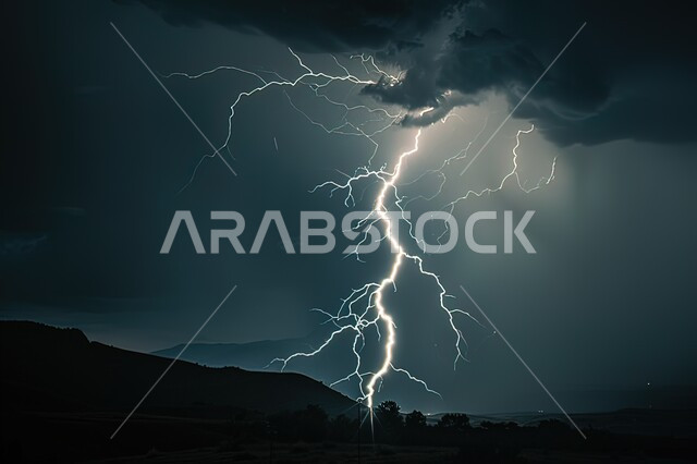  عاصفة رعدية تضرب المناطق الجبلية في الليل, منظر الرعد والبرق في سماء المملكة العربية السعودية، الاجواء الشتوية القاسية, الظواهر و الكوارث الطبيعية، خلفية الطبيعة
