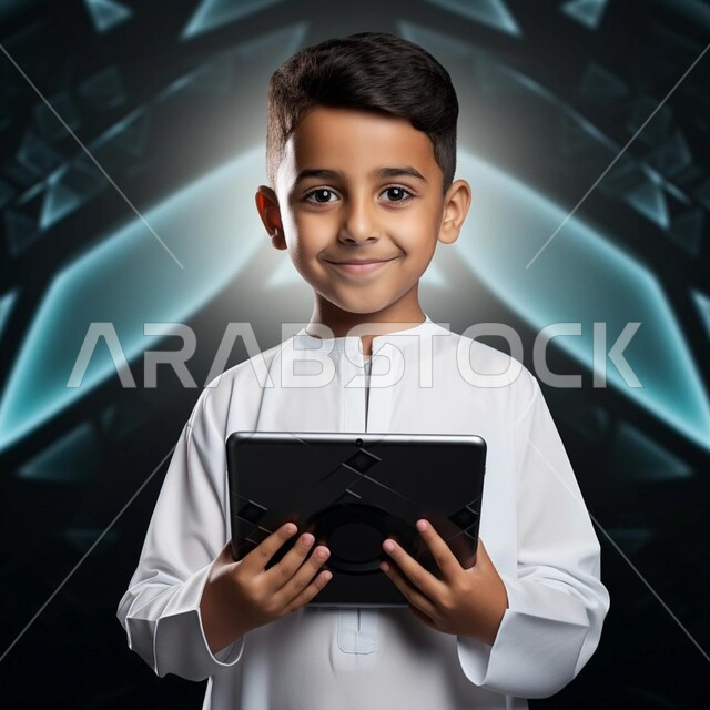 متابعة نتائج الامتحان عبر جهاز الحاسوب المحمول, استعمال الأجهزة التقنية في دراسة المقررات المدرسية عن بعد, صبي عربي خليجي سعودي يرتدي الثوب التقليدي يحمل بيده التابلت, إيماءات وتعابير السعادة والسرور