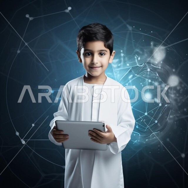 استخدام الأجهزة التقنية في دراسة المقررات المدرسية عن بعد, متابعة نتائج الامتحان عبر جهاز الحاسوب المحمول, صبي عربي خليجي سعودي يرتدي الثوب التقليدي ينظر الى الكاميرا ويحمل بيده تابلت, إيماءات وتعابير السعادة والسرور