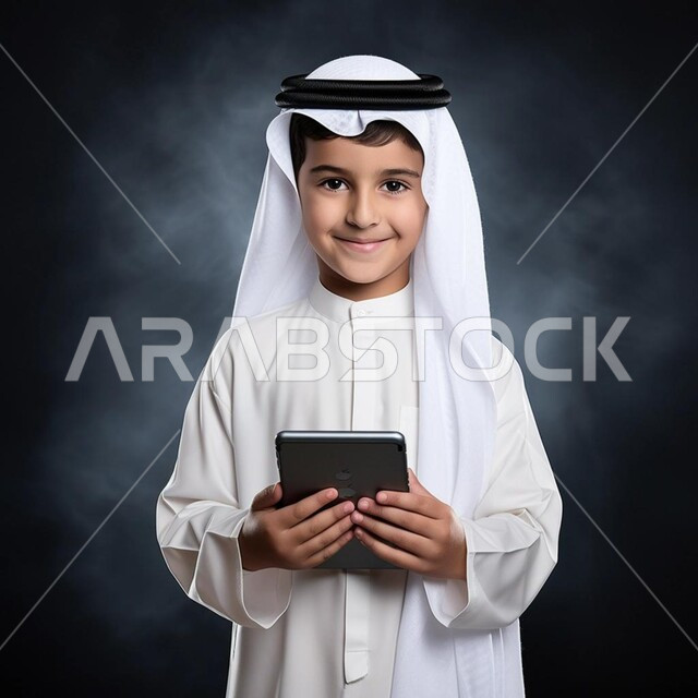 لعب ألعاب الفيديو المتطورة، استخدام الأجهزة التقنية الحديثة، النظر الى الكاميرا بايماءات الفرح والسرور، بورتريه مقرب لفتى عربي خليجي سعودي مبتسم يرتدي الثوب التقليدي والغترة يحمل بيده تابلت محمول، متابعة مواقع التواصل الاجتماعي، خلفية سوداء
