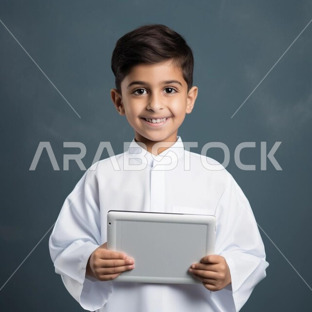 ايماءات الفرح والسرور، لعب ألعاب الفيديو المتطورة، استخدام الأجهزة التقنية الحديثة، بورتريه مقرب لفتى عربي خليجي سعودي مبتسم يرتدي الثوب التقليدي ينظر الى الكاميرا ويحمل بيده تابلت محمول، متابعة مواقع التواصل الاجتماعي، خلفية سوداء
