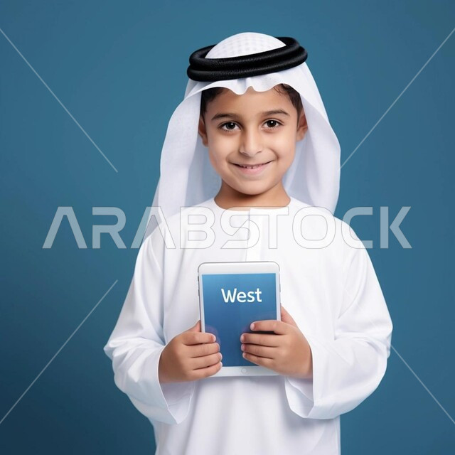 Using modern technical devices, looking at the camera with gestures of joy and happiness, a close-up portrait of a smiling Saudi Gulf Arab boy wearing the traditional dress and ghutra, holding a portable tablet in his hand, playing advanced video games, following social networking sites, blue background