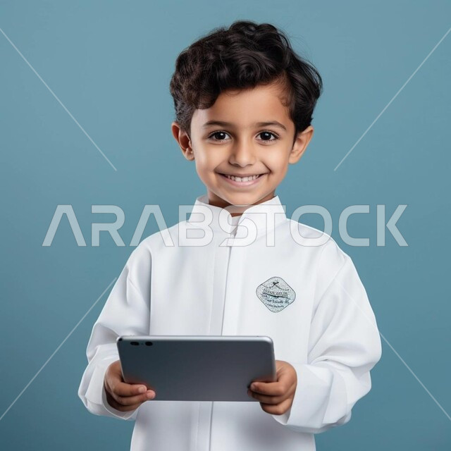 Following social media sites, playing advanced video games, using modern technical devices, looking at the camera with gestures of joy and happiness, a close-up portrait of a smiling Saudi Gulf Arab boy wearing a traditional thobe, holding a portable tablet in his hand, blue background.